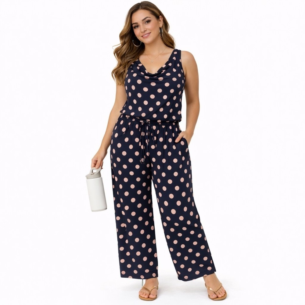 New ENFOCUS STUDIO Size 8 Chic‎ Cowl Neck Navy Tan Polka Dot Sleeveless Jumpsuit